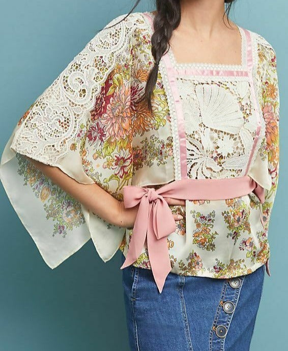 Anthropologie Women's Floral Print Lace Trim Kimono Sleeve Ivory Chiffon Blouse - Luxe Fashion Finds
