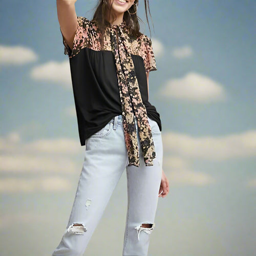 Anthropologie Women's Boho Floral Neck-Tie Short Sleeve Jersey Black Top - XS - Luxe Fashion Finds