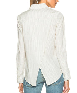 MOTHER Breezy Foxy Cotton Long Seeve Split Back Pinstripe Cream Shirt - Large - Luxe Fashion Finds