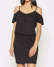 Load image into Gallery viewer, Soft Joie Tahlia Cold Shoulder Black Stretch Jersey Short Blouson Dress - Luxe Fashion Finds