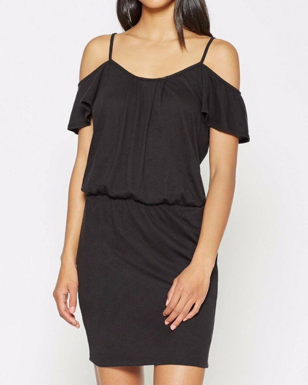 Soft Joie Tahlia Cold Shoulder Black Stretch Jersey Short Blouson Dress - Luxe Fashion Finds