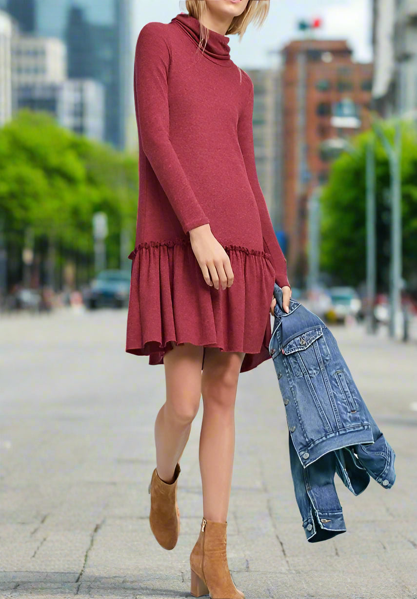 Anthropologie Dress Womens Medium Turtleneck Drop-Waist Ruffle Hem Red   Luxe Fashion Finds