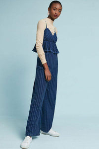 Anthropologie Women's Striped Denim Peplum Ruffle Bodice Sleeveless Jumpsuit - Luxe Fashion Finds