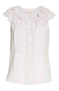 Rebecca Taylor Dree Cotton Silk Ruffle Eyelet Sleeveless Button Up Pink Blouse - Luxe Fashion Finds