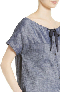 Theory Women's Velvela Off The Shoulder Blue Chambray Linen  Button Up Shirt - M. - Luxe Fashion Finds