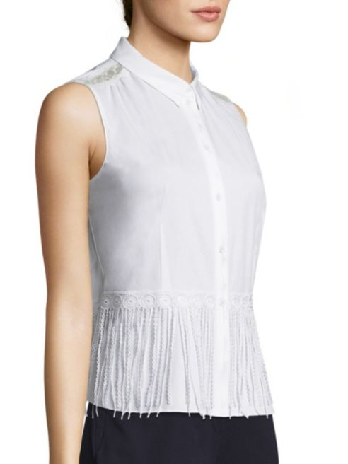 Elie Tahari Marta Sleeveless Lace White Cotton Fringe Hem Button Up Shirt - Med - Luxe Fashion Finds