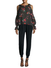 Load image into Gallery viewer, Joie Rosa Women&#39;s Silk Pink  Floral Cold Shoulder Bishop Sleeve Black Blouse - Luxe Fashion Finds