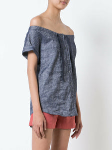Theory Women's Velvela Off The Shoulder Blue Chambray Linen  Button Up Shirt - M. - Luxe Fashion Finds