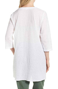 Eileen Fisher Stretch Organic Cotton Grid Pattern Split Neck White Blouse Tunic - Luxe Fashion Finds