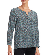 Load image into Gallery viewer, Joie Nepal Long Sleeve Printed Silk Split Neck Blouse Top – Haze Blue - XS - Luxe Fashion Finds