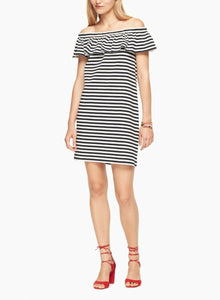 Kate Spade Women's Off the Shoulder Ruffle Cotton White Striped Shift Dress. - Luxe Fashion Finds