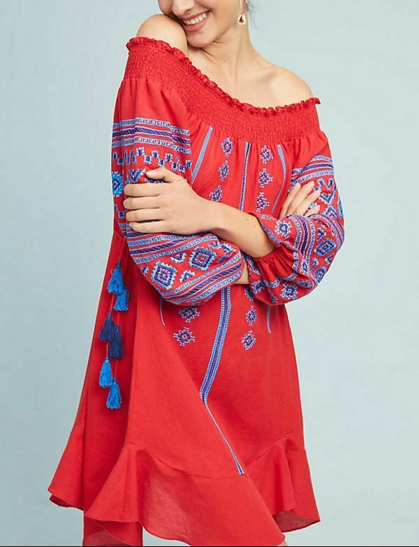 Anthropologie Ranna Gill Off The Shoulder Embroidered Peasant Red Cotton Dress S - Luxe Fashion Finds