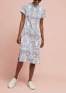 Anthropologie Women's Lea Mock Neck Short Sleeve Knit Midi Blue Dress - L (Petite) - Luxe Fashion Finds