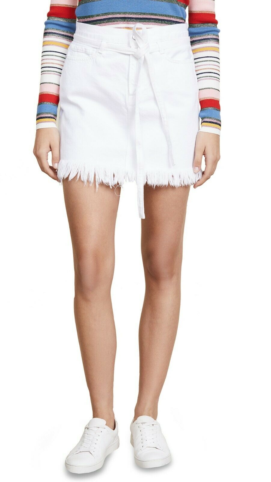 Frame Le High Belted Frayed Fringe Hem White Denim Mini Skirt, Blanc - 28 - Luxe Fashion Finds