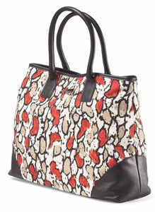 Laura Dimaggio Red Foral Print Canvas Leather Large Beige Tote Shoulder Bag - Luxe Fashion Finds