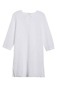 Eileen Fisher Stretch Organic Cotton Grid Pattern Split Neck White Blouse Tunic - Luxe Fashion Finds
