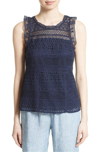 Joie Women's Lupe Lace Ruffle Sleeveless Blue Cotton Dark Blue Tank Top – Large - Luxe Fashion Finds