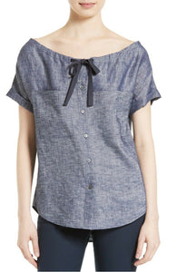 Theory Women's Velvela Off The Shoulder Blue Chambray Linen  Button Up Shirt - M. - Luxe Fashion Finds