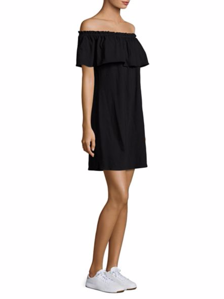 Current Elliott Women's Off Shoulder Ruffle Black Cotton Stretch Jersey Mini Dress - Luxe Fashion Finds