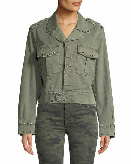 Hudson Women's Radar Military Silver Studded Cotton Khaki Cropped Jacket - M - Luxe Fashion Finds