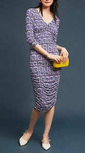 Anthroplogie Moulinette Soeurs Floral Blue Ruched Column Bodycon Dress - Medium. - Luxe Fashion Finds