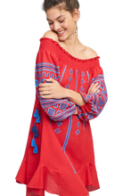 Load image into Gallery viewer, Anthropologie Ranna Gill Off The Shoulder Embroidered Peasant Red Cotton Dress S - Luxe Fashion Finds