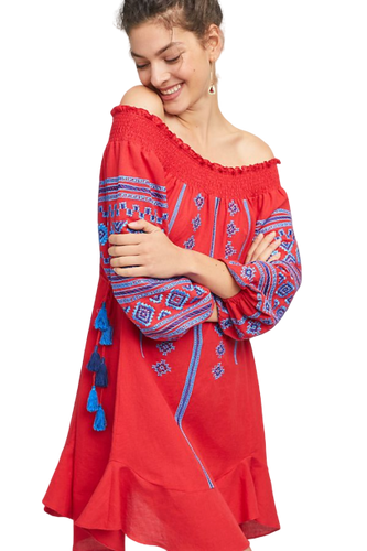 Anthropologie Ranna Gill Off The Shoulder Embroidered Peasant Red Cotton Dress S - Luxe Fashion Finds
