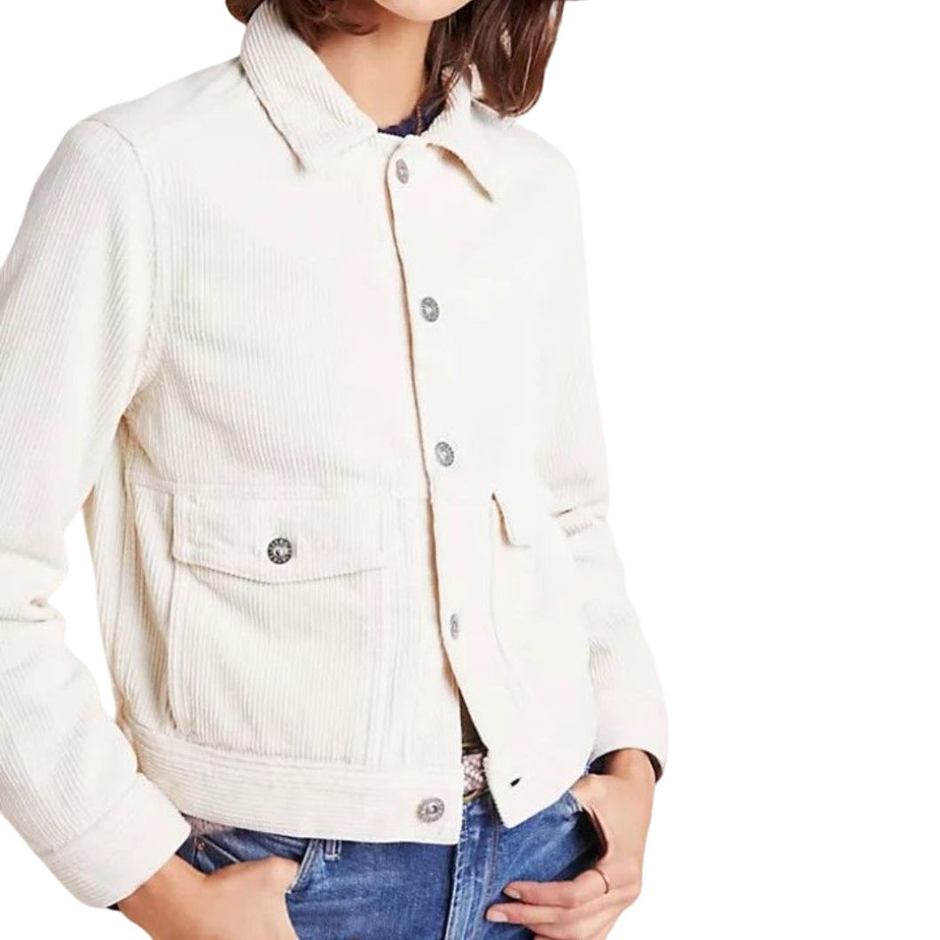Anthropologie Jacket Womens Large Off White AG Trucker Corduroy Cropped