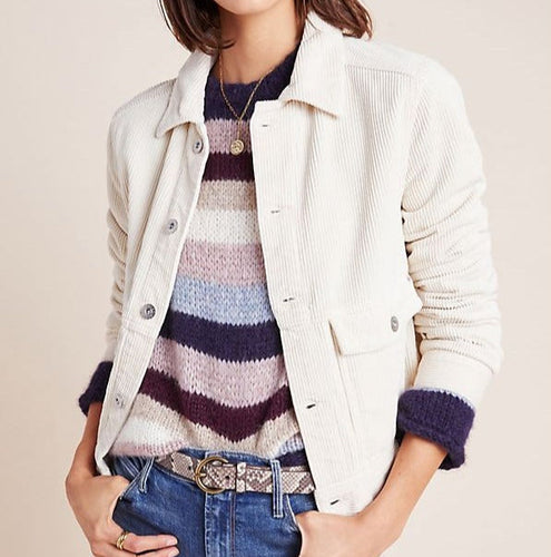 Anthropologie Trucker Jacket Womens Large Off White AG Corduroy Cropped