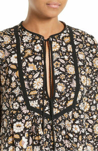ALC Silk Shirt Womens 4 Black V-Neck Tassel Tie Silk Crepe Floral Long Sleeve