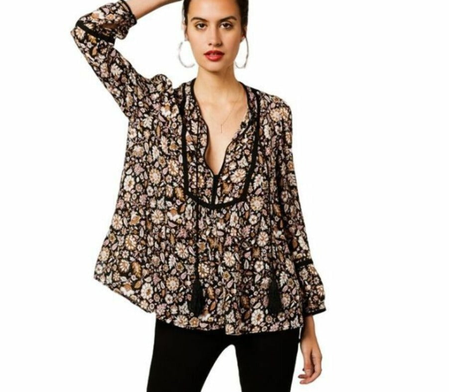 ALC Silk Shirt Womens 4 Black V-Neck Tassel Tie Silk Crepe Floral Long Sleeve