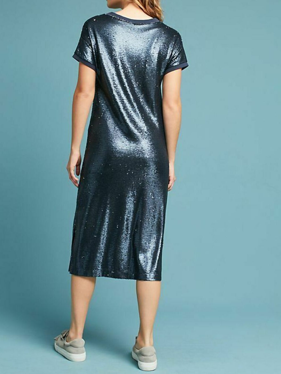 Anthropologie Dress Womens Extra Small Blue Sequin Boat Neck Short Sleeve T-Shirt Anthropologie Dress Womens Extra Small Blue Sequin Boat Neck Short Sleeve T-Shirt