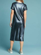 Load image into Gallery viewer, Anthropologie Women&#39;s Boat Neck Short Sleeve Blue Sequin T-Shirt Dress - XS