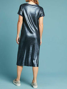 Anthropologie Dress Womens Extra Small Blue Sequin Boat Neck Short Sleeve T-Shirt Anthropologie Dress Womens Extra Small Blue Sequin Boat Neck Short Sleeve T-Shirt