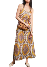 Load image into Gallery viewer, Anthropologie Dress Large Womens Yellow Maxi Halter Neck Gold Medallion Chiffon