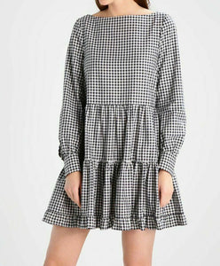 Anthropologie Dress Womens Small Black Gingham Long Sleeve Tiered Cotton