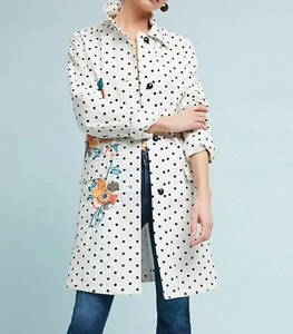 Anthropologie Jacket Womens Small/Medium White Peacoat Floral Polka Dot A-Line