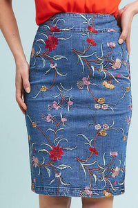 Anthropologie Skirt Womens 0 Blue Pencil Denim Floral Embroidered Short
