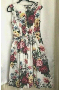 Anthropologie Dress Womens 12 White Floral Sleeveless A-line 50's Rose Cotton