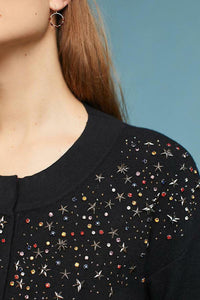 Anthropologie Sweater Womens Small Black Cardigan Crop Beaded Stars Snap Front