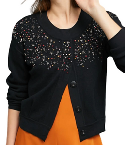 Anthropologie Sweater Womens Small Black Cardigan Crop Beaded Stars Snap Front