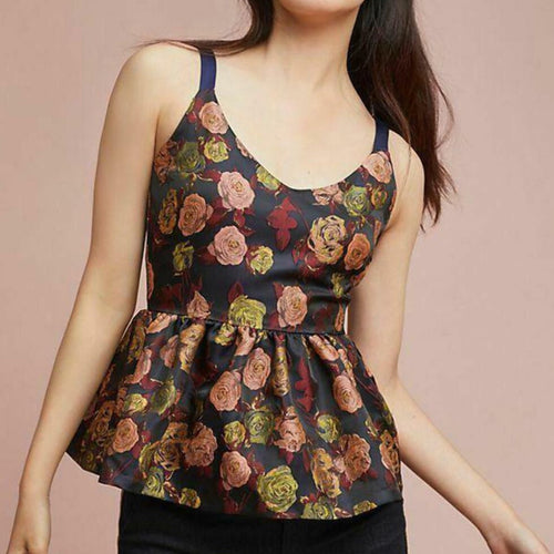 Anthropologie Top Womens Small Black Sleeveless Floral Jacquard Peplum Tank