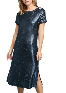 Anthropologie Dress Womens Extra Small Blue Sequin Boat Neck Short Sleeve T-Shirt Anthropologie Dress Womens Extra Small Blue Sequin Boat Neck Short Sleeve T-Shirt