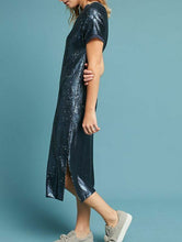 Load image into Gallery viewer, Anthropologie Women&#39;s Boat Neck Short Sleeve Blue Sequin T-Shirt Dress - XS