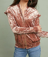Load image into Gallery viewer, Anthropologie Women&#39;s Bomper Track Jacket Pink Velvet Ruffle Zip Up - Small