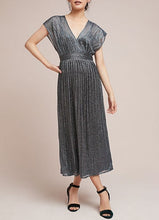 Load image into Gallery viewer, Anthropologie Moulinette Soeurs Pleated Metallic Wrap Blue Shimmer Midi Dress -0