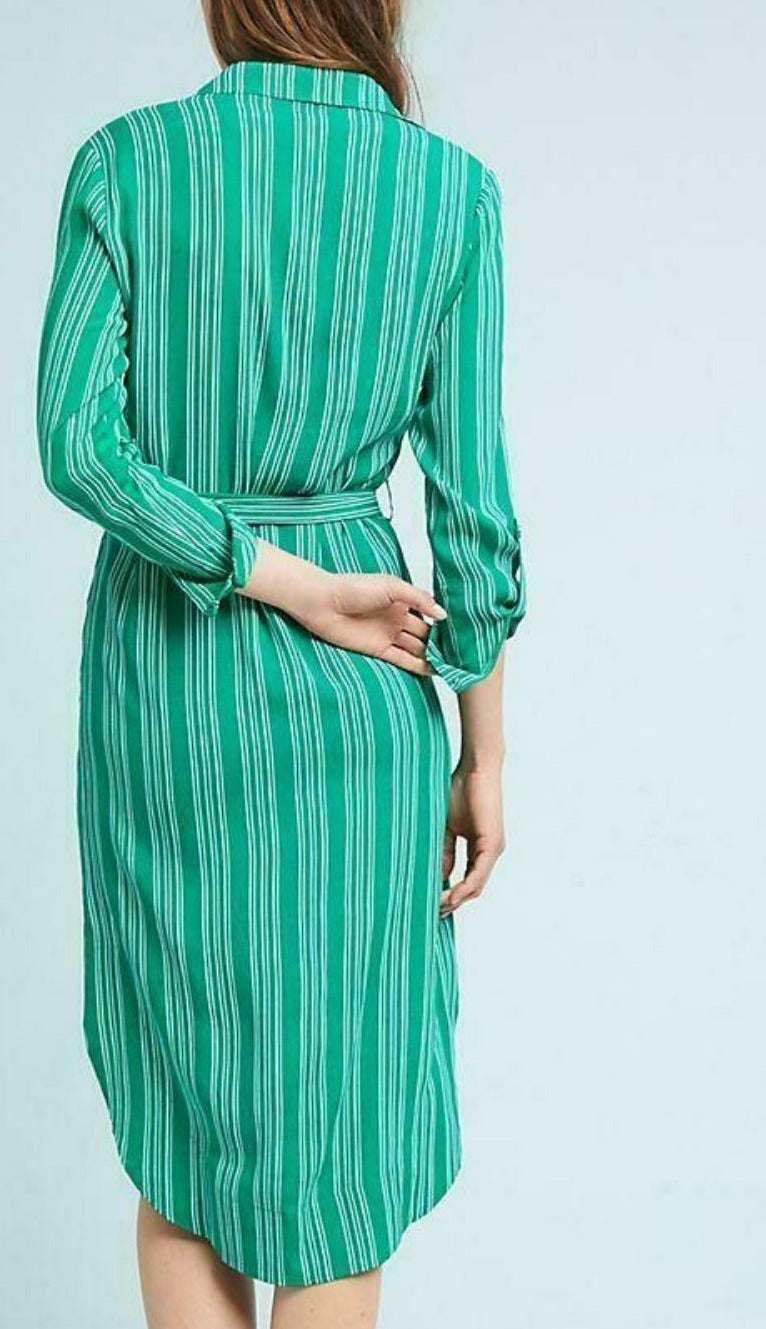 Anthropologie Dress Womens 0 Green Button Up Long Sleeve Belted White Striped Anthropologie Dress Womens 0 Green Button Up Long Sleeve Belted White Striped