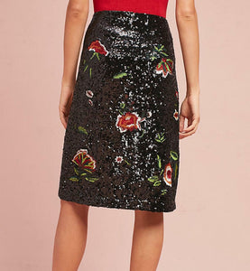 Anthropologie Women's A-Line Knee Length Floral Sequin Black Cocktail Skirt