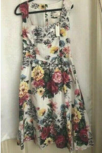 Anthropologie Dress Womens 12 White Floral Sleeveless A-line 50's Rose Cotton