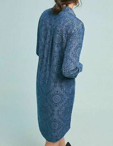 Anthropologie Women's V-Neck Shirtdress, Long Sleeve Belted Blue Tencel, Small